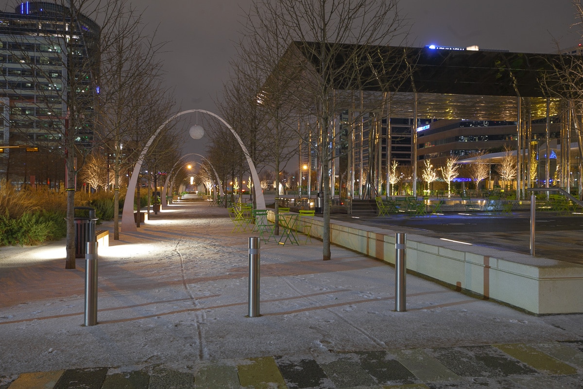 Clyde-Warren park with no people after an Ice Storm