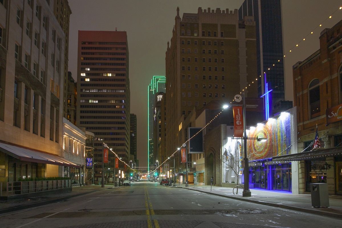 Main street in downtown Dallas with no signs of life after an ice storm