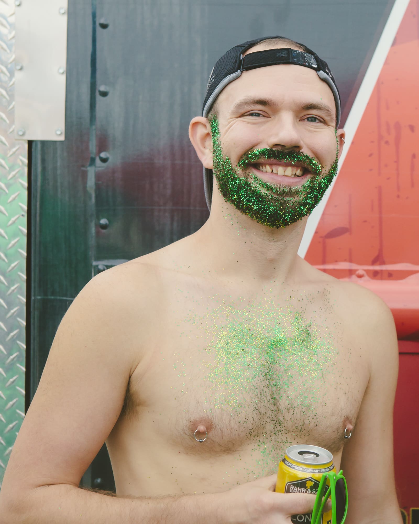 Green glitter beard and pierced nipples!