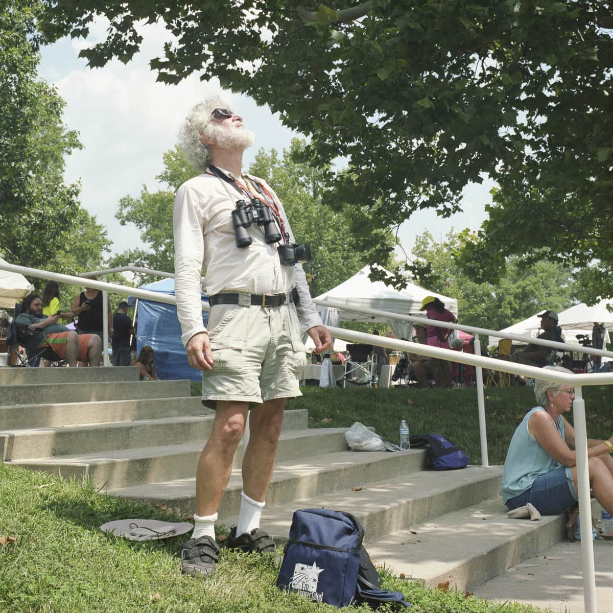 An analog portrait of man watching the solar eclipse at SIU in Carbondale, Illinois
