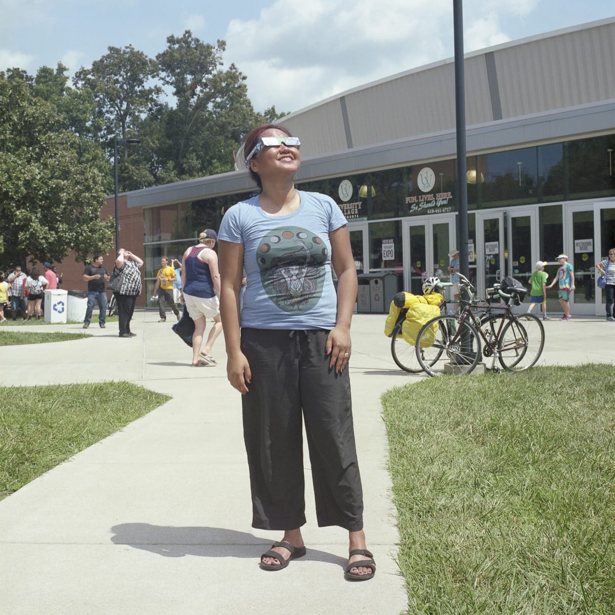 An analog portrait of a woman watching the solar eclipse at SIU in Carbondale, Illinois