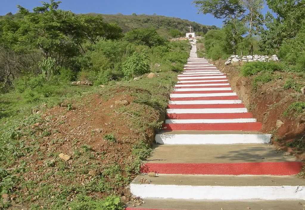 Red and white stairs to a catholic shrine in Ixlahuacan, Jalisco