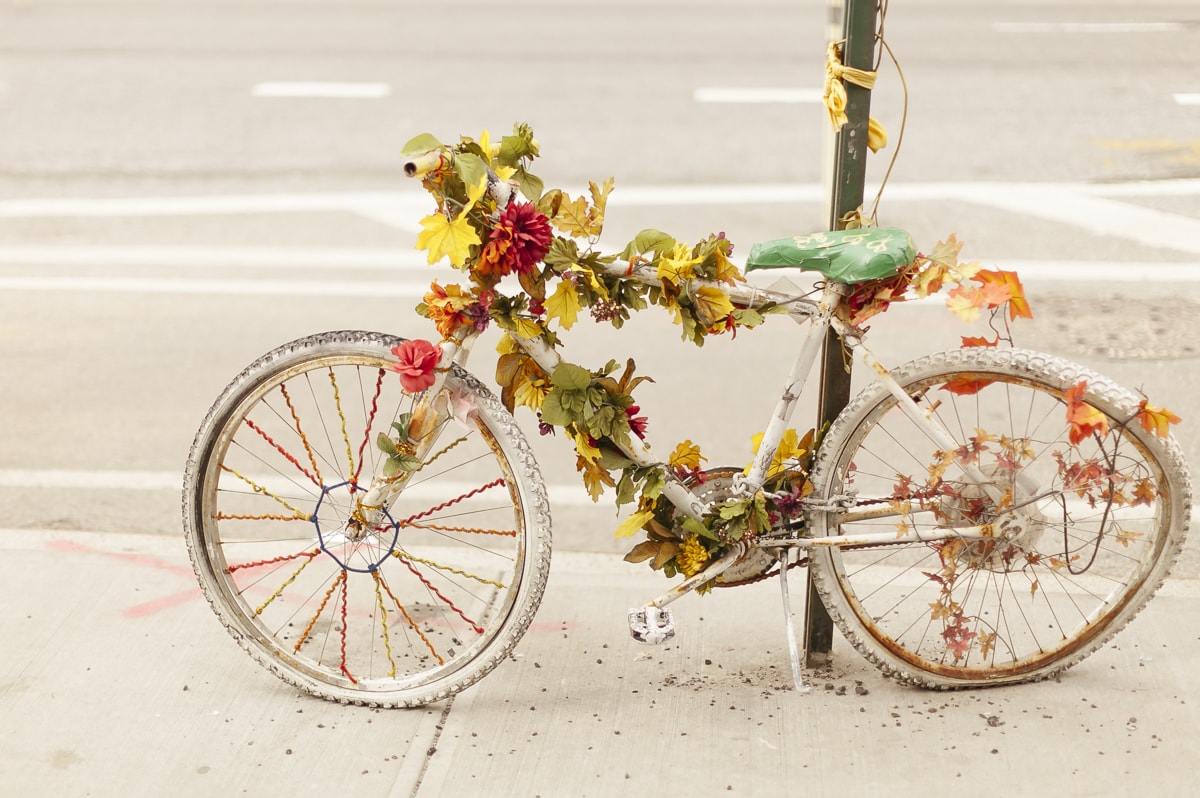 A ghost bike in New York City to honor a cyclist that has died