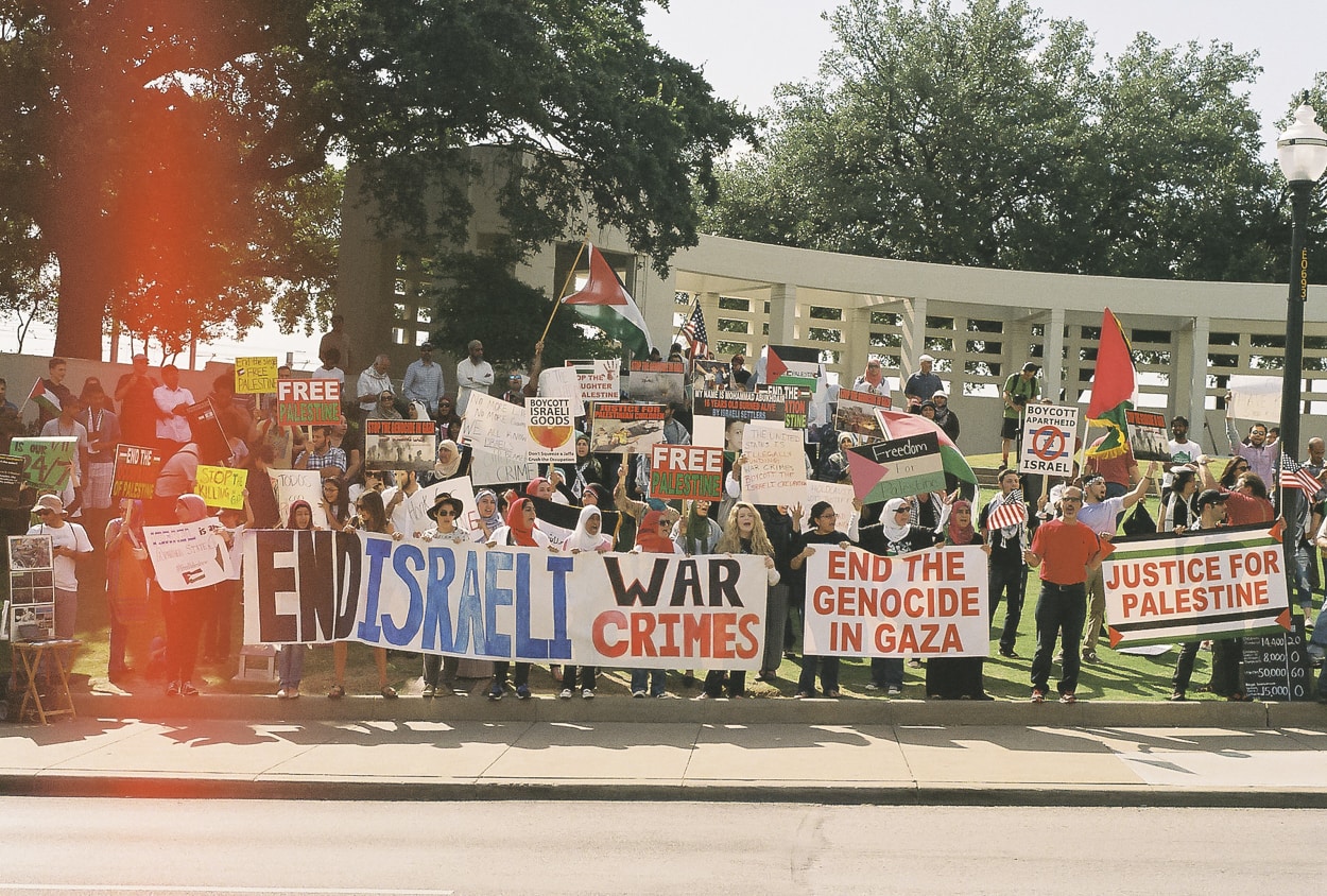 Palestinians protesting the Israeli assault on Gaza