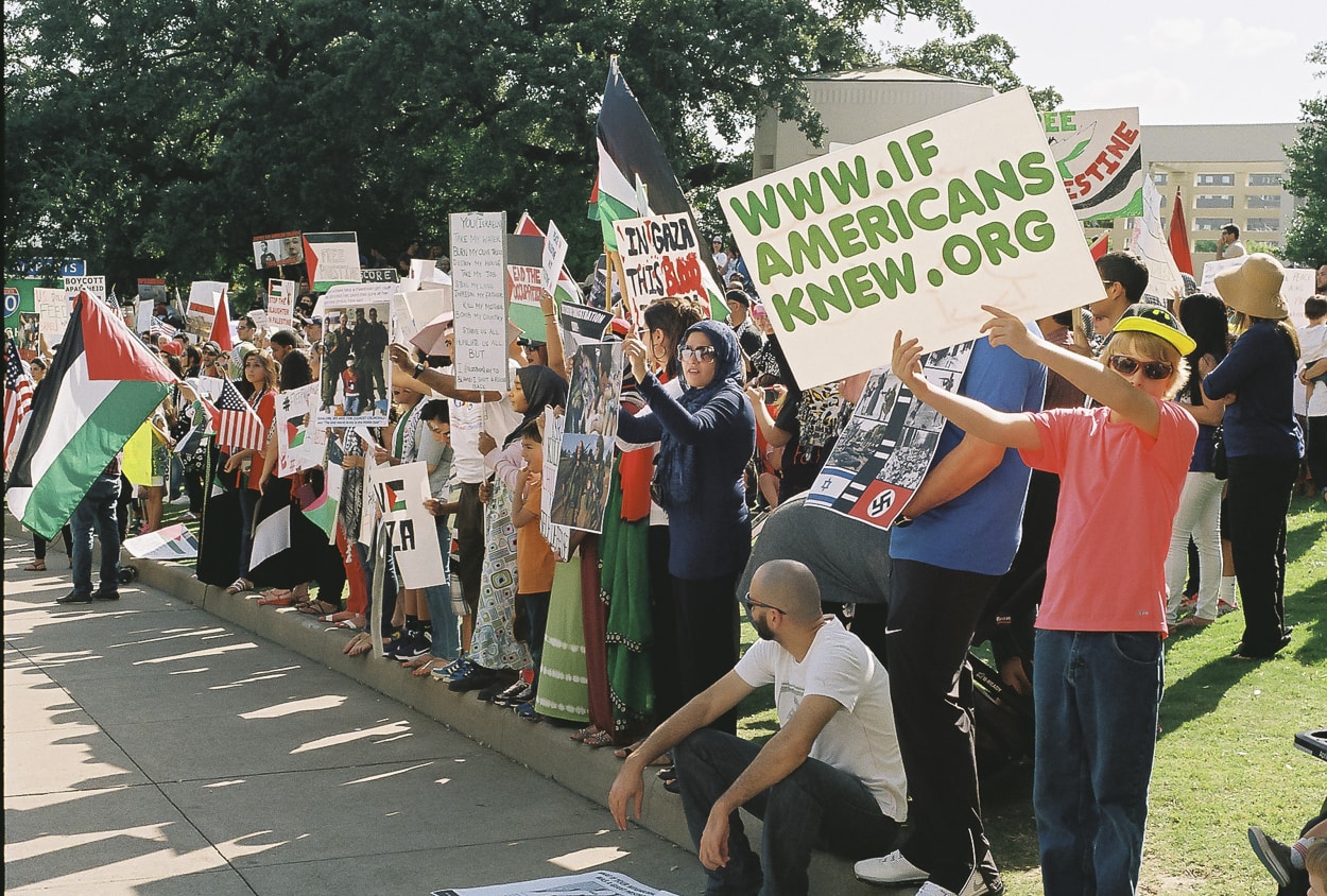 Palestinians protesting the Israeli assault on Gaza