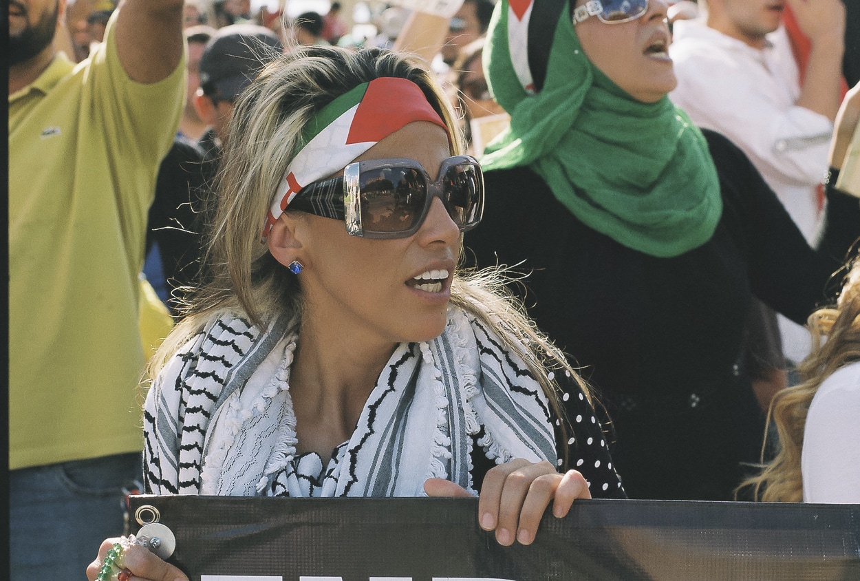 Palestinians protesting the Israeli assault on Gaza