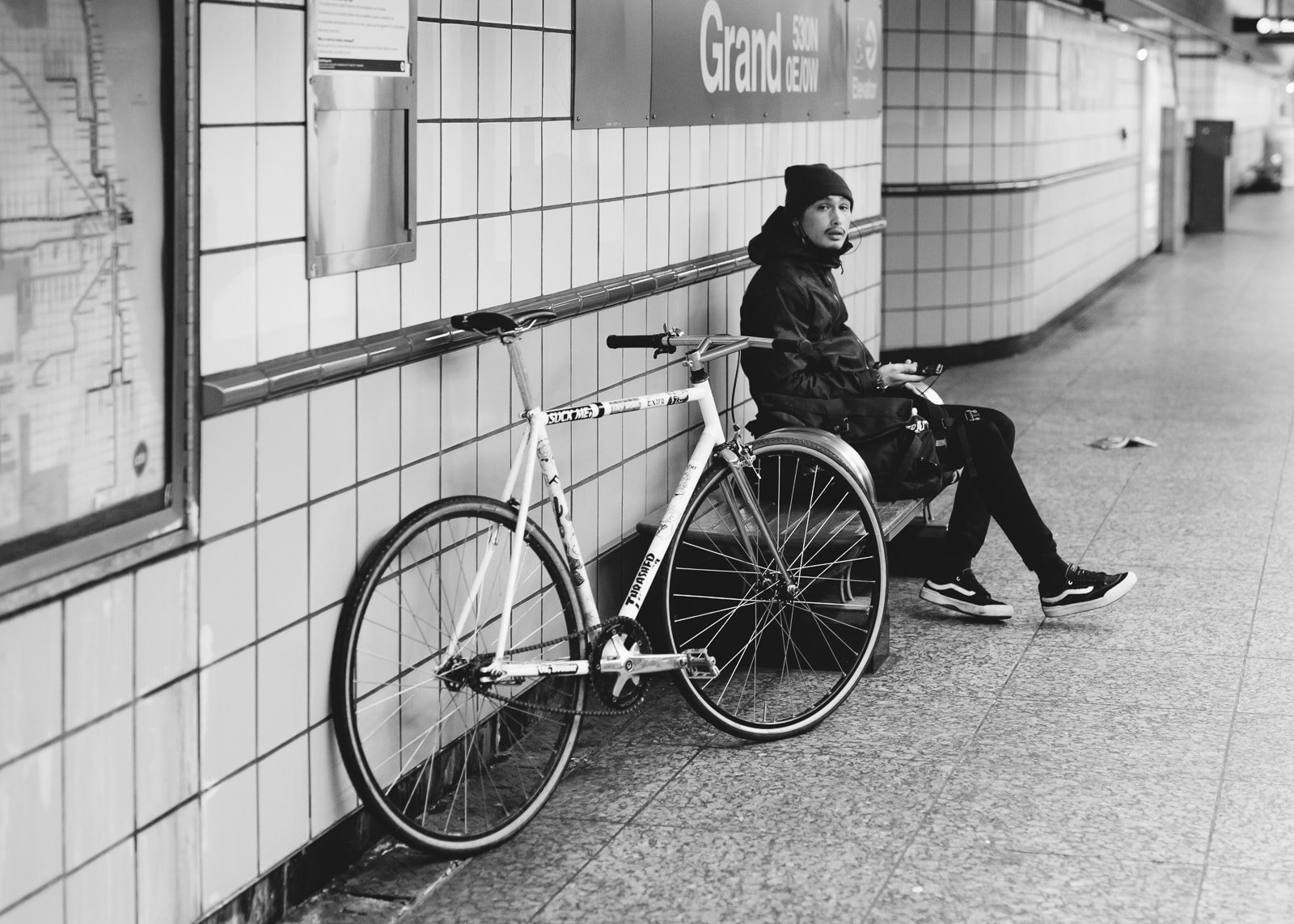 A bicyclist at the train station in Chicago