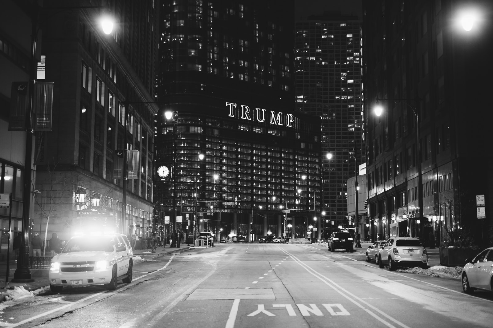 Trump building and the empty streets of Chicago at Night, 2020