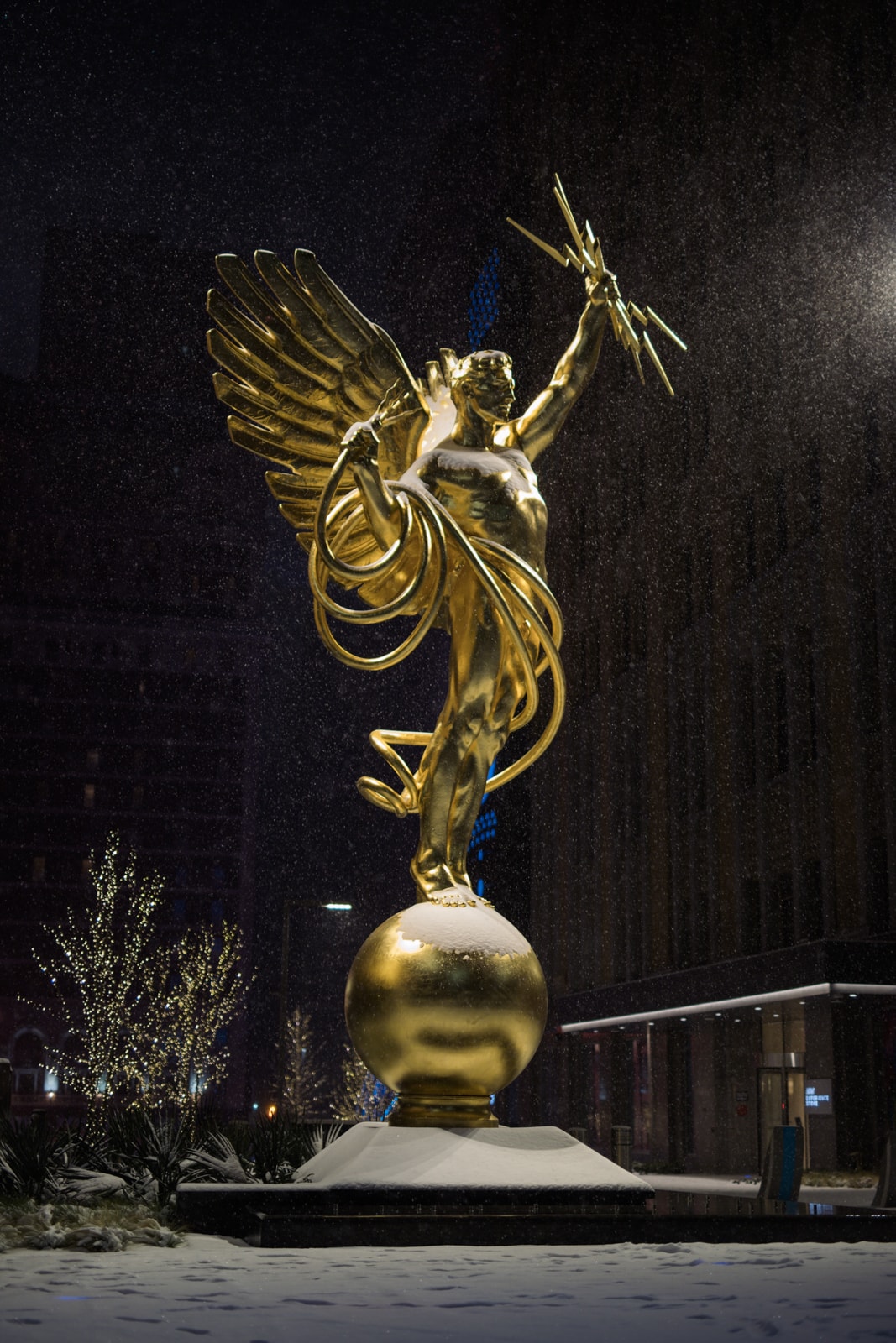 Spirit of Communication Statue by Evelyn Beatrice Longman in a snowstorm