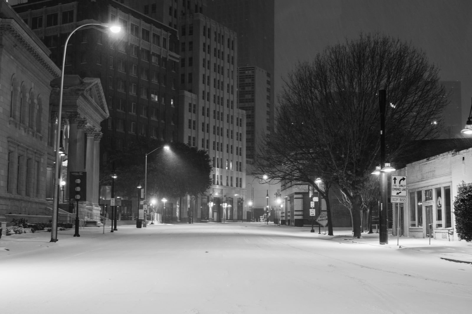 Downtown Dallas at night in a snowstorm