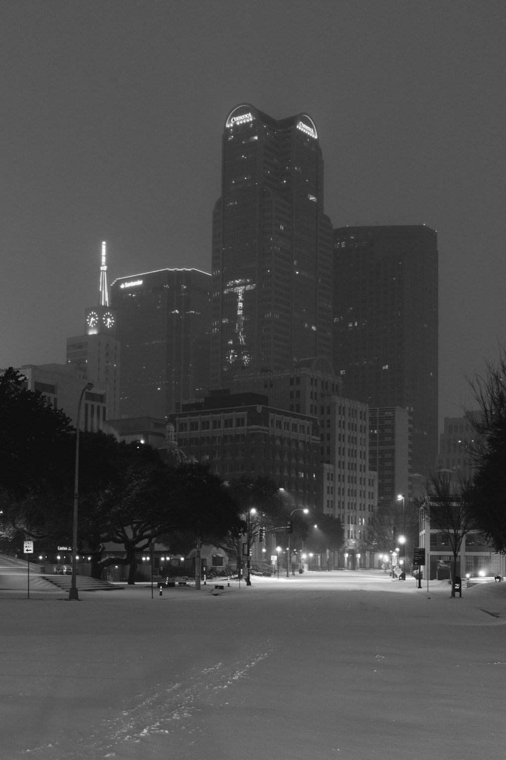 Downtown Dallas skyline in a snowstorm