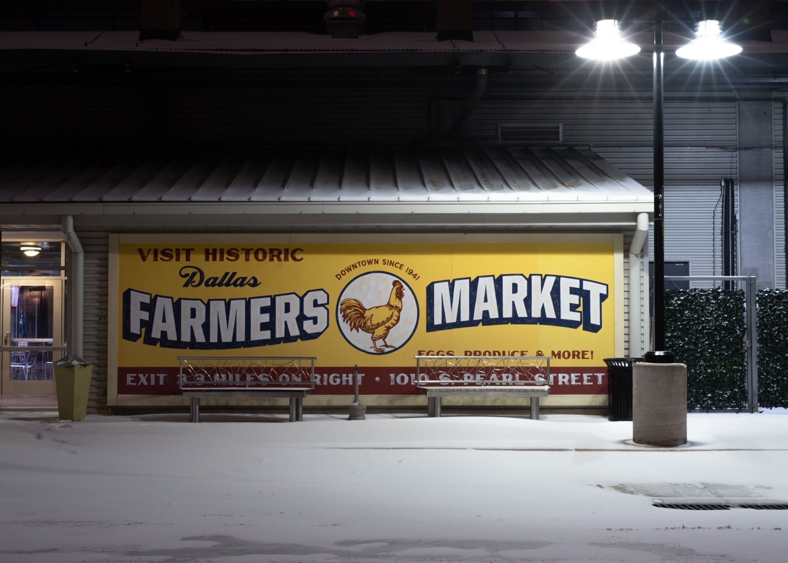 Dallas farmers market sign at night
