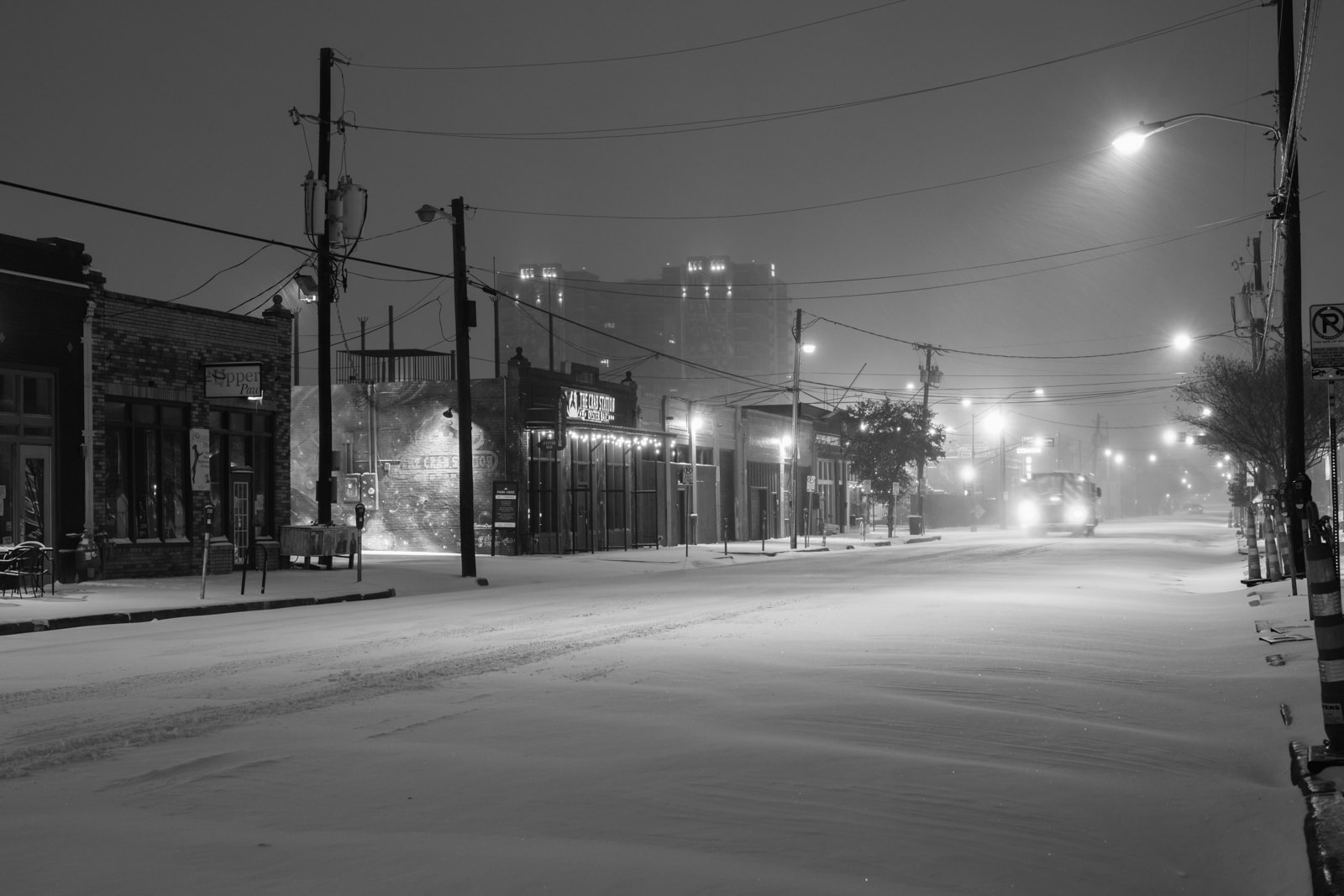 Deep Ellum at night in the snow
