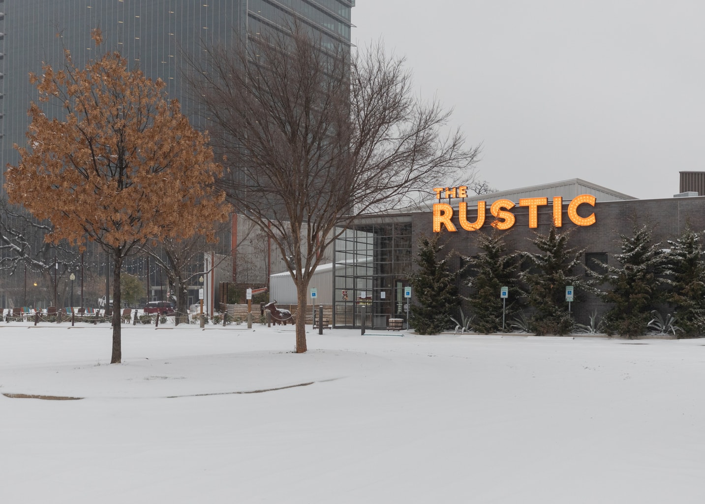 The Rustic covered with snow after the Dallas winter storm