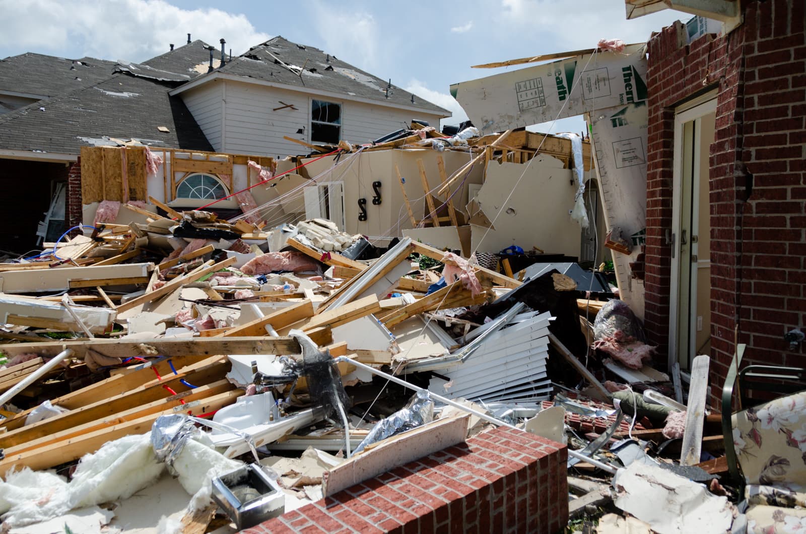 A pile of rubble from a fallen home after the Forney Tornado