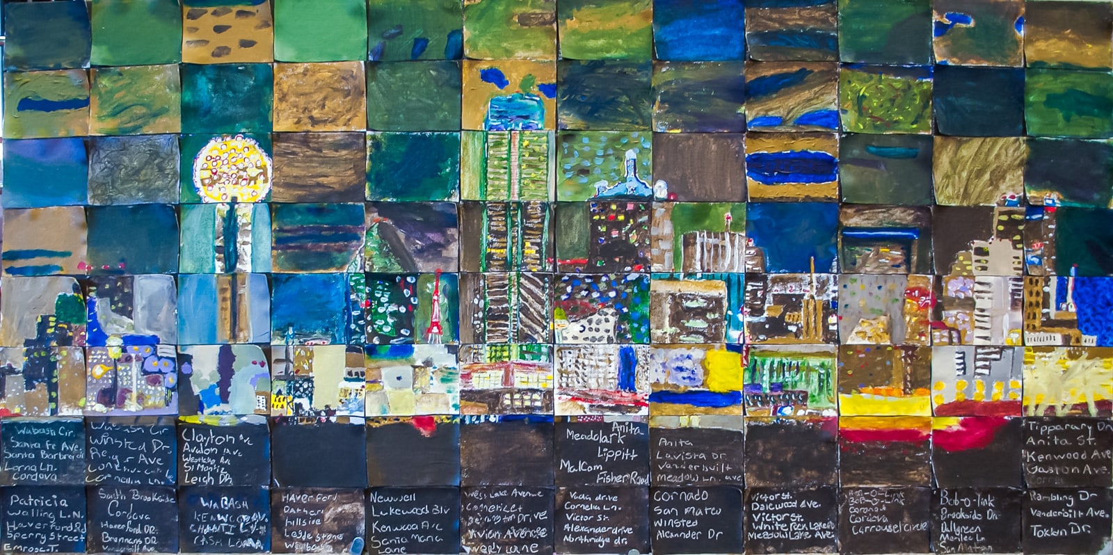 Masterpiece Mosaic Collaborative Art of the Dallas skyline by Lakewood Elementary