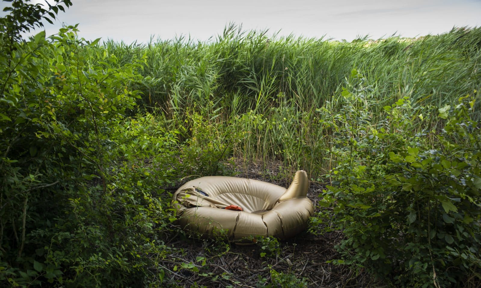 An abandoned pool float in a grassy field