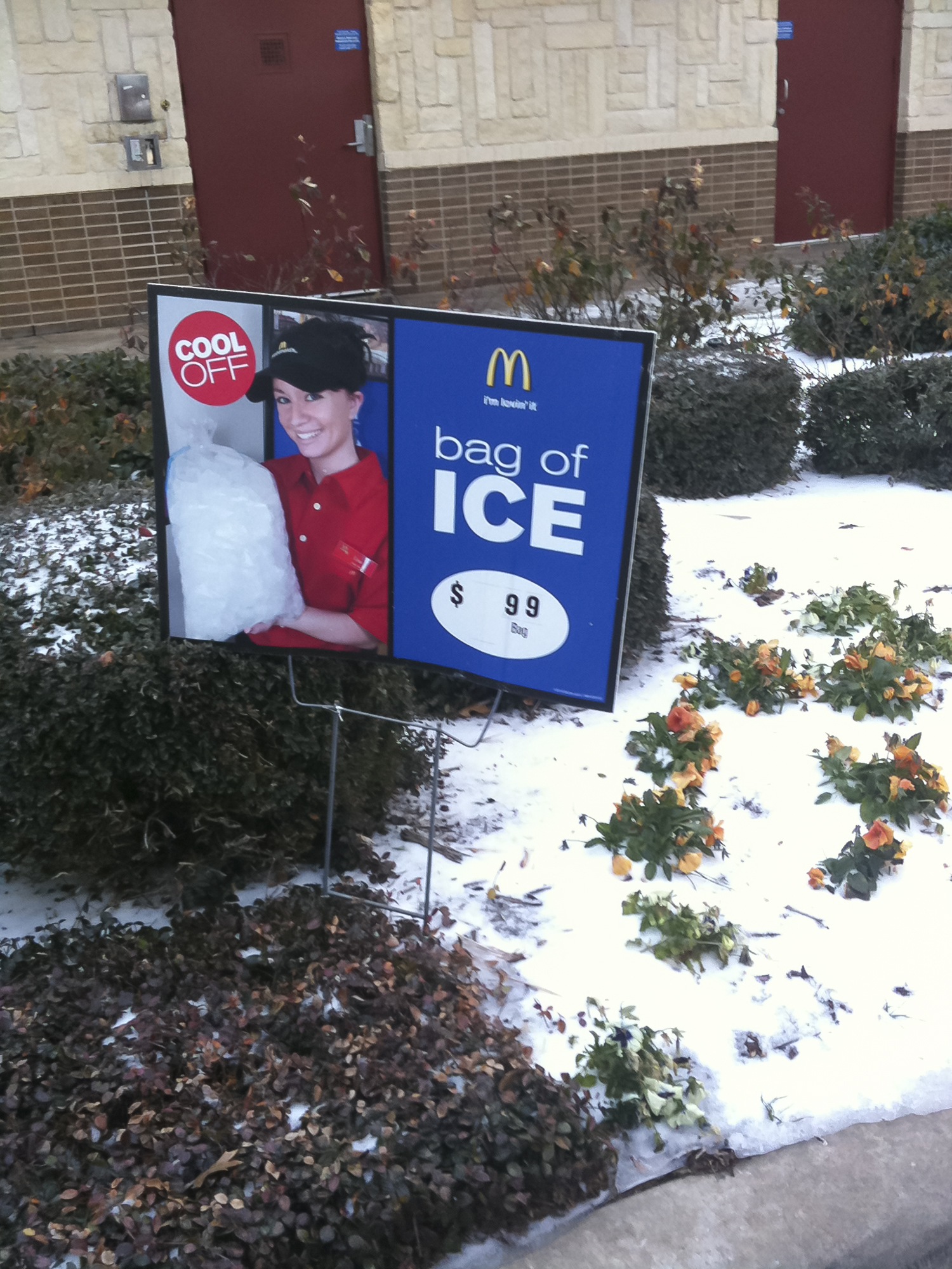 McDonald's sign buy a bag of ice in the snow